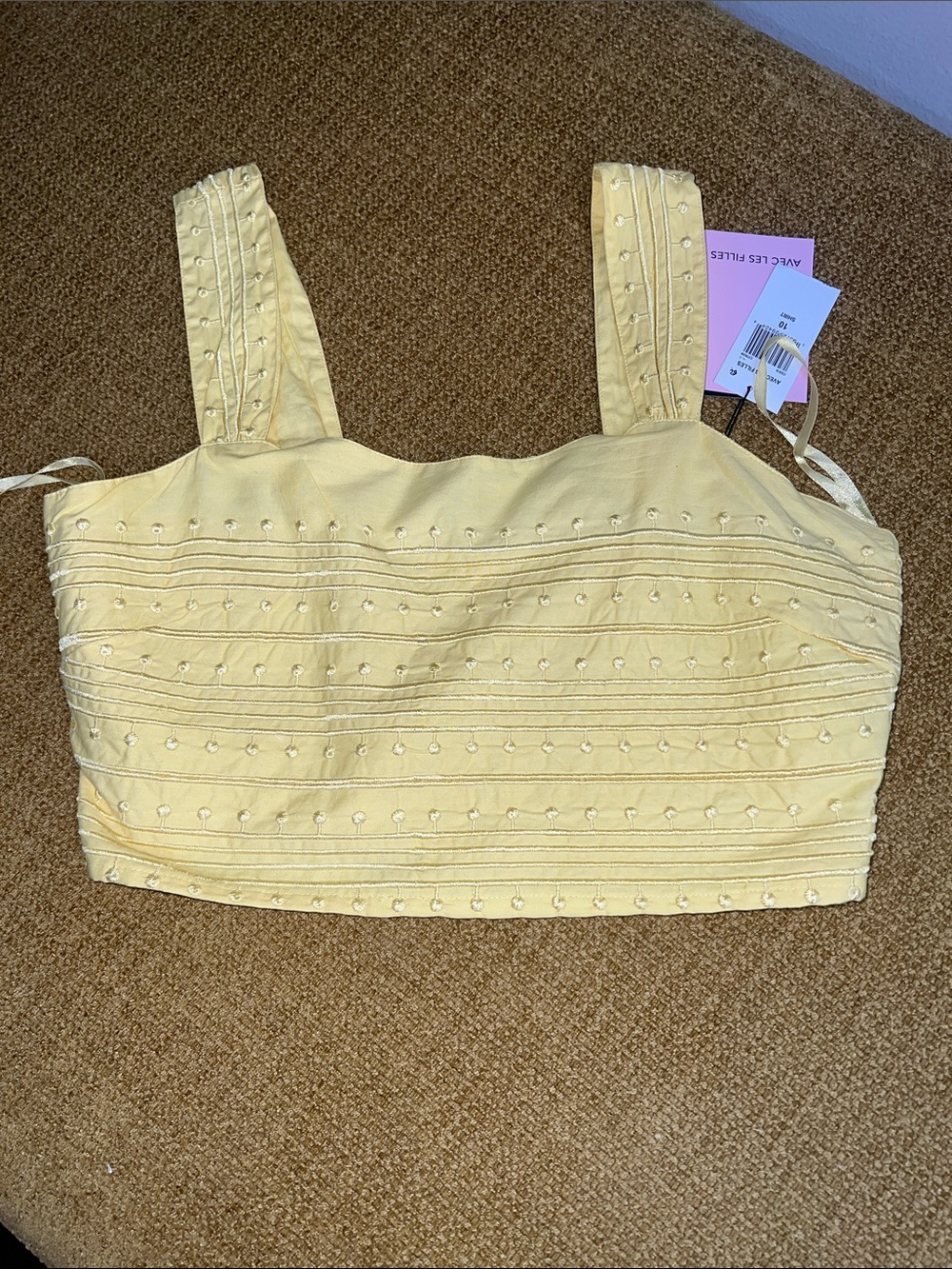 Avec Les Filles Yellow Embroidered Smocked Zip-Front Crop Top